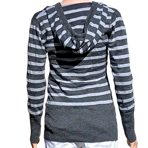 Deb Vneck Women Stretchy Hooded Sweatshirt Gray and White Stripes M - Picture 5 of 13